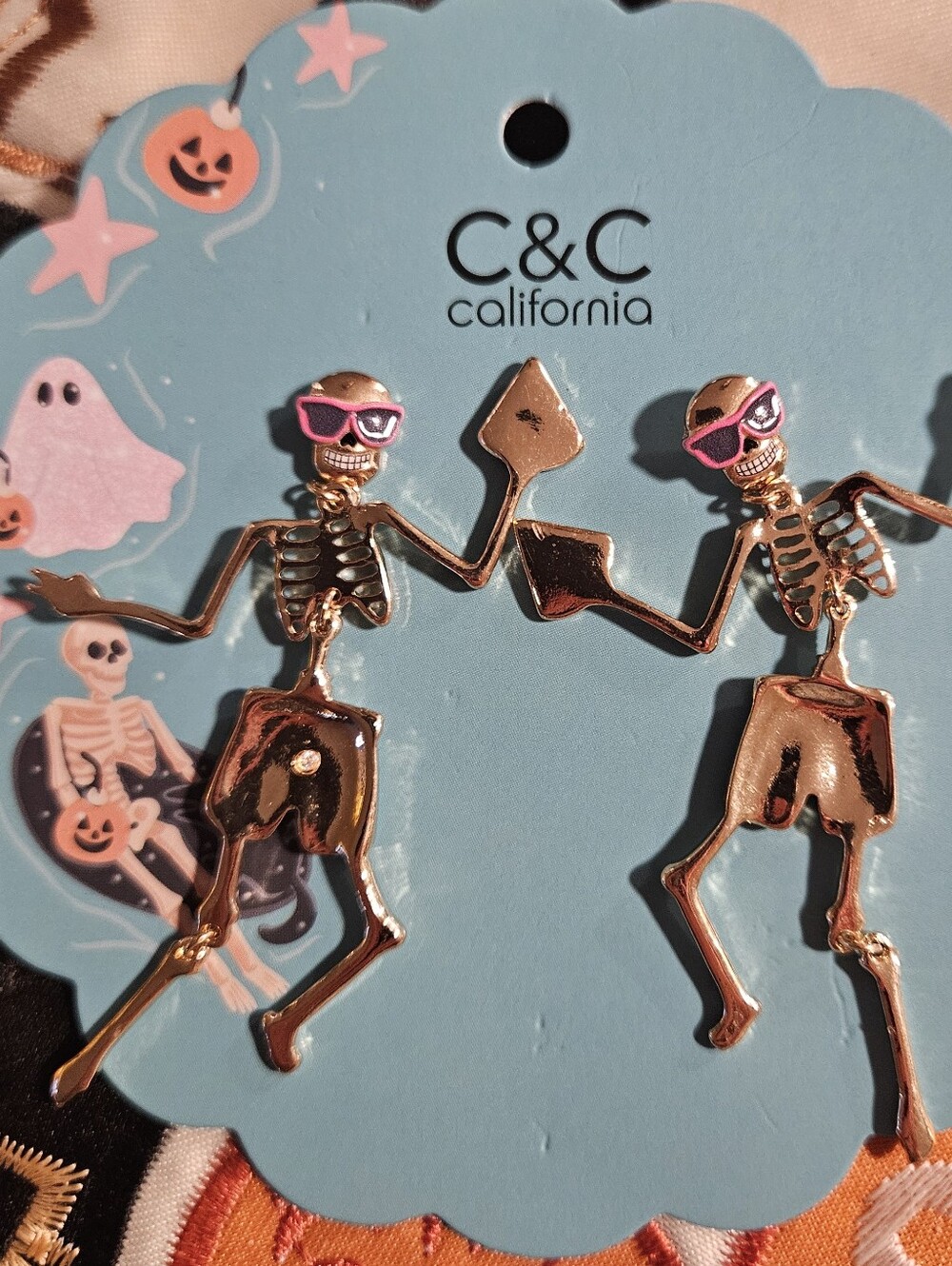 C&C California Halloween Skeleton Earrings NWT Gold Pink Sunglasses Dangle New